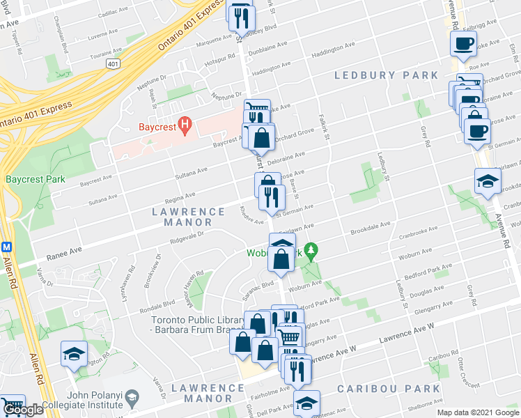 map of restaurants, bars, coffee shops, grocery stores, and more near 3388 Bathurst Street in Toronto