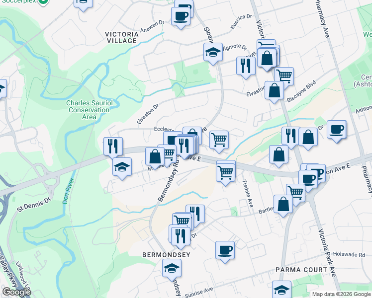map of restaurants, bars, coffee shops, grocery stores, and more near 1700 Eglinton Avenue East in Toronto