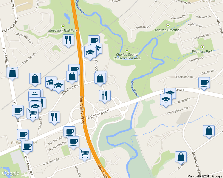 map of restaurants, bars, coffee shops, grocery stores, and more near in Toronto