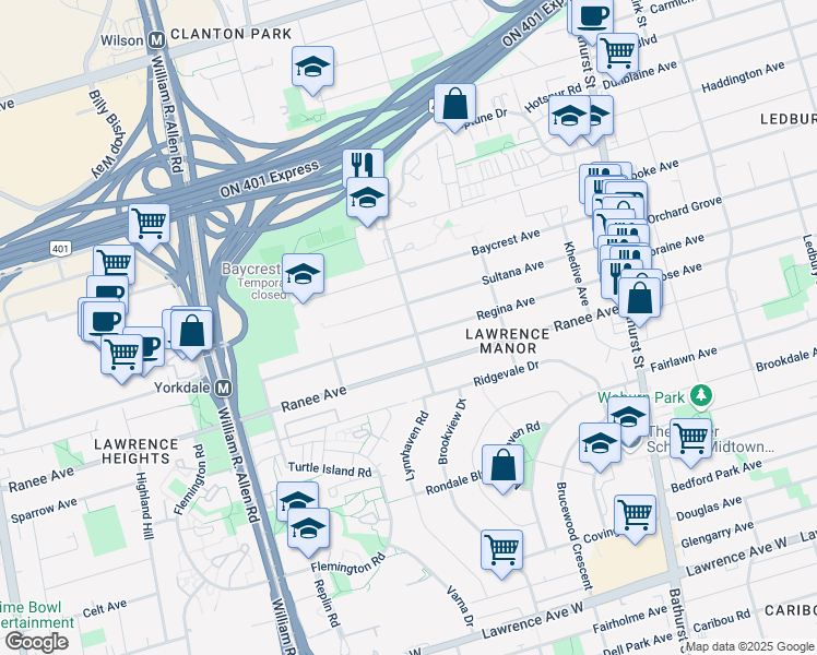 map of restaurants, bars, coffee shops, grocery stores, and more near in Toronto