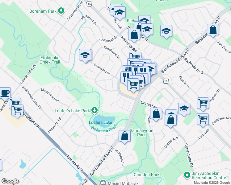 map of restaurants, bars, coffee shops, grocery stores, and more near 6 Elmvale Avenue in Brampton
