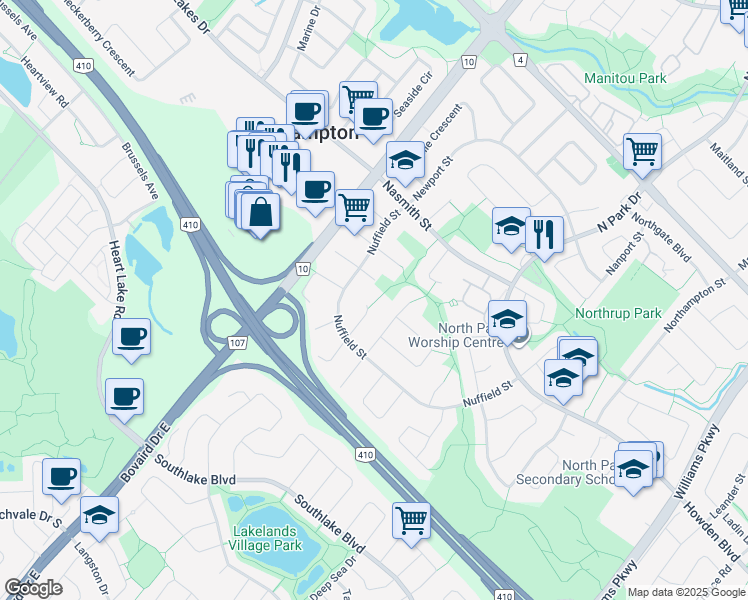 map of restaurants, bars, coffee shops, grocery stores, and more near 28 Novella Place in Brampton