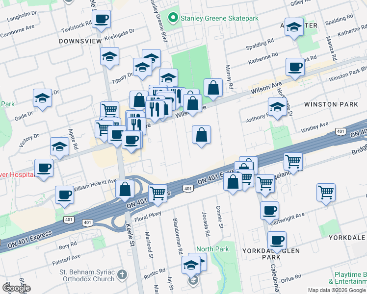 map of restaurants, bars, coffee shops, grocery stores, and more near 279 Cornelius Parkway in Toronto