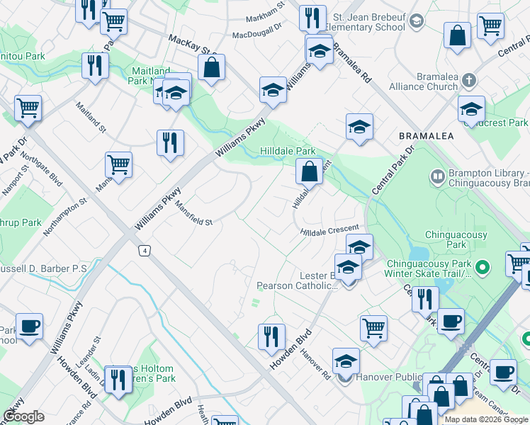 map of restaurants, bars, coffee shops, grocery stores, and more near 19 Habitat Square in Brampton