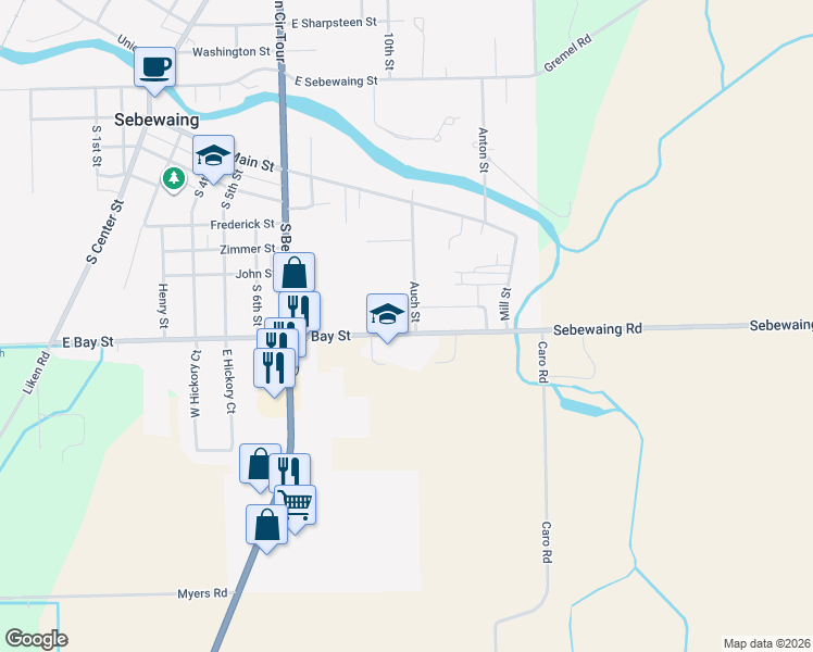 map of restaurants, bars, coffee shops, grocery stores, and more near 600 East Bay Street in Sebewaing