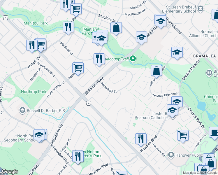 map of restaurants, bars, coffee shops, grocery stores, and more near 13 Mansfield Street in Brampton