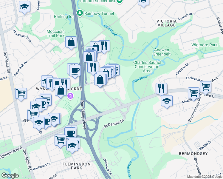 map of restaurants, bars, coffee shops, grocery stores, and more near 35 Wynford Heights Crescent in Toronto