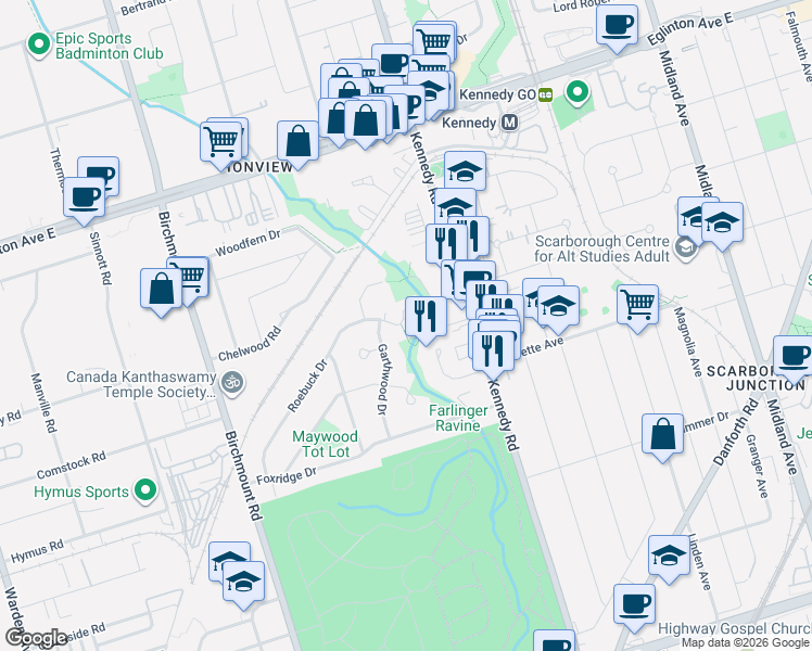 map of restaurants, bars, coffee shops, grocery stores, and more near 141 Roebuck Drive in Toronto