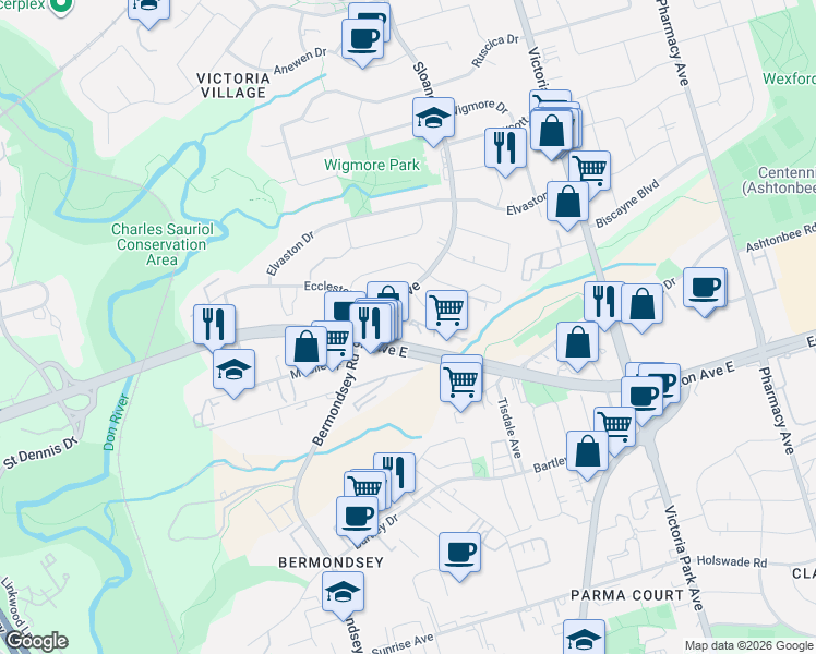 map of restaurants, bars, coffee shops, grocery stores, and more near 1720 Eglinton Avenue East in Toronto