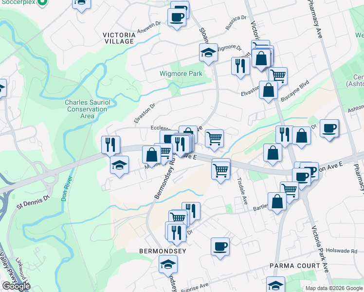 map of restaurants, bars, coffee shops, grocery stores, and more near 1700 Eglinton Avenue East in Toronto