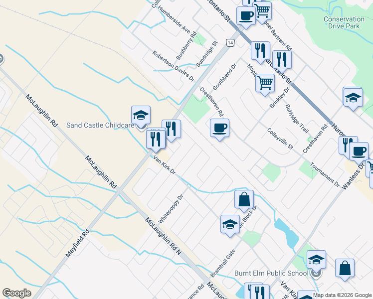 map of restaurants, bars, coffee shops, grocery stores, and more near 28 Hybrid Street in Brampton
