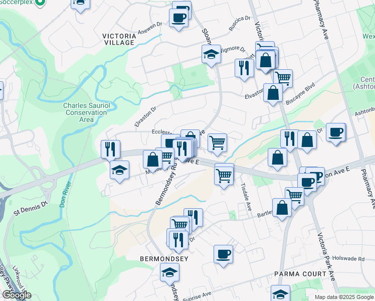 map of restaurants, bars, coffee shops, grocery stores, and more near in Toronto