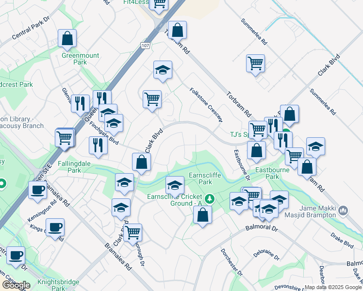 map of restaurants, bars, coffee shops, grocery stores, and more near Elrose Road in Brampton