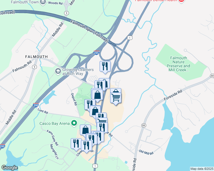 map of restaurants, bars, coffee shops, grocery stores, and more near 275 U.S. 1 in Falmouth