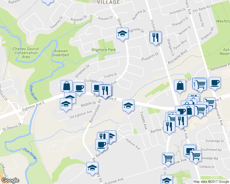 map of restaurants, bars, coffee shops, grocery stores, and more near in Toronto