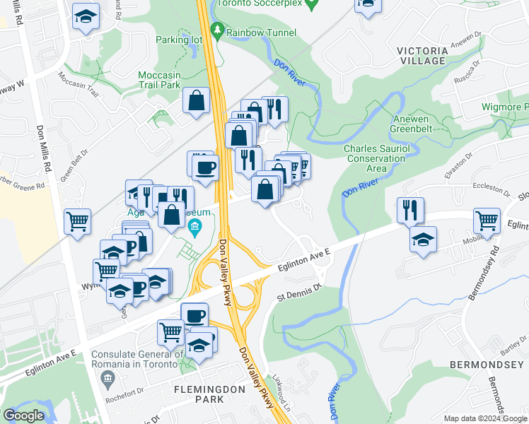 map of restaurants, bars, coffee shops, grocery stores, and more near 150 Wynford Drive in Toronto