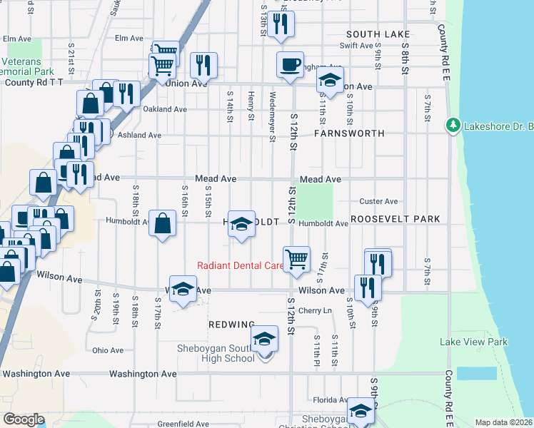 map of restaurants, bars, coffee shops, grocery stores, and more near 2620 Wedemeyer Street in Sheboygan
