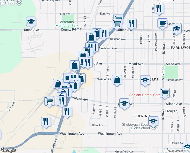 map of restaurants, bars, coffee shops, grocery stores, and more near 2625 South Business Drive in Sheboygan