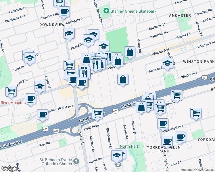 map of restaurants, bars, coffee shops, grocery stores, and more near 280 Cornelius Parkway in Toronto