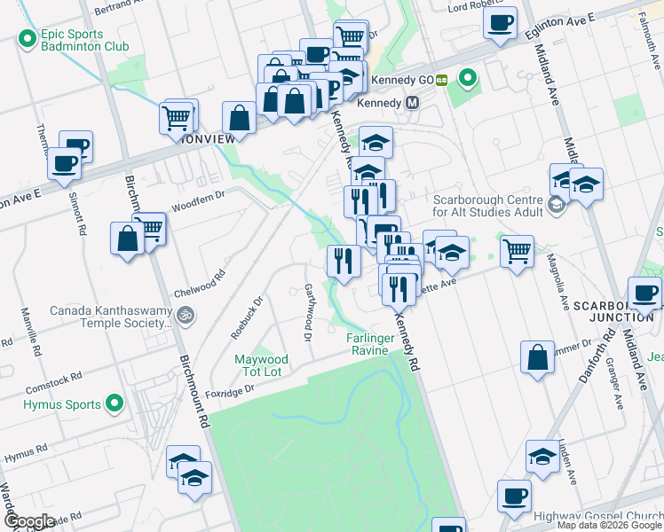 map of restaurants, bars, coffee shops, grocery stores, and more near 141 Roebuck Drive in Toronto