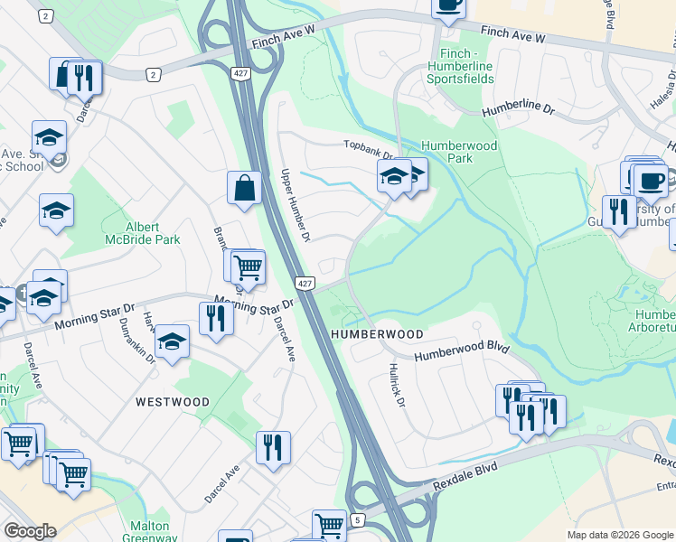 map of restaurants, bars, coffee shops, grocery stores, and more near 66 Harpreet Circle in Toronto