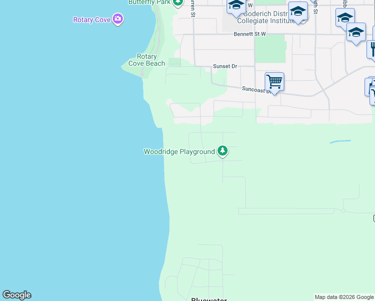 map of restaurants, bars, coffee shops, grocery stores, and more near 472 Coast Drive in Goderich