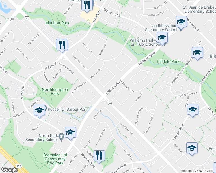 map of restaurants, bars, coffee shops, grocery stores, and more near 45 Milford Crescent in Brampton