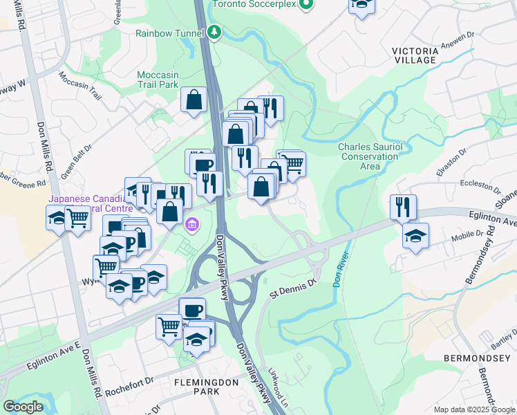 map of restaurants, bars, coffee shops, grocery stores, and more near 135 Wynford Drive in Toronto