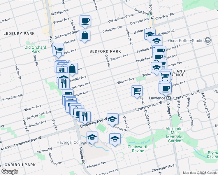 map of restaurants, bars, coffee shops, grocery stores, and more near 243 Woburn Avenue in Toronto