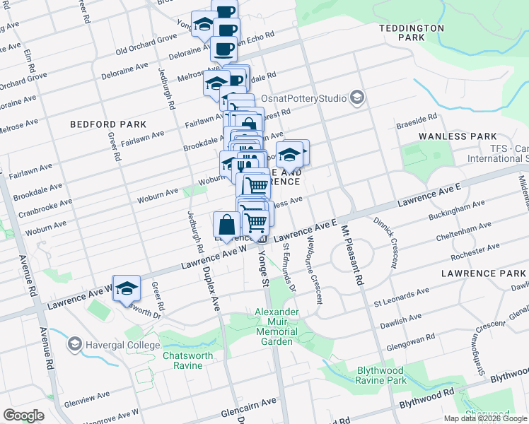 map of restaurants, bars, coffee shops, grocery stores, and more near 18 Wanless Avenue in Toronto