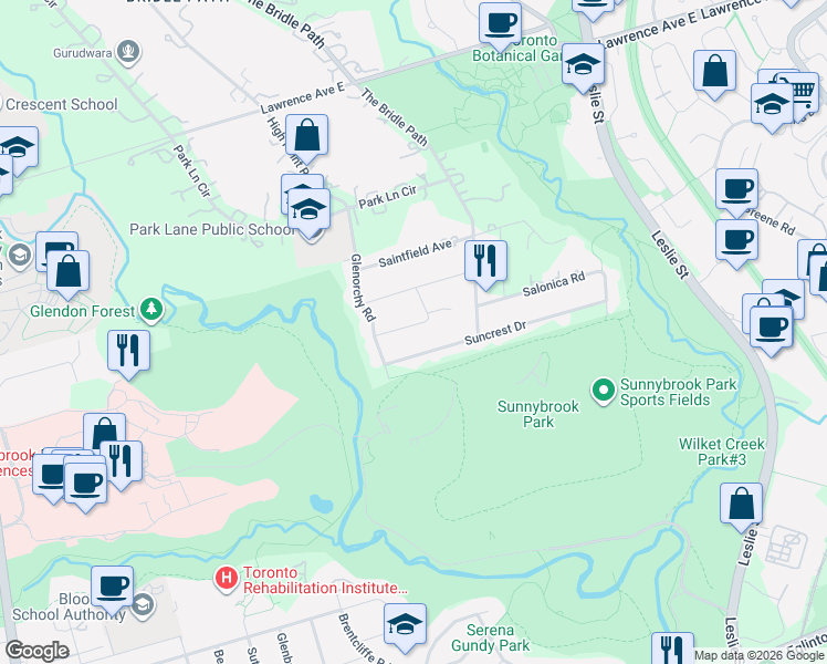 map of restaurants, bars, coffee shops, grocery stores, and more near 11 Shady Oaks Crescent in Toronto