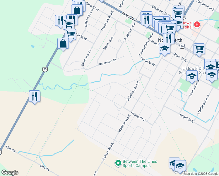 map of restaurants, bars, coffee shops, grocery stores, and more near 285 Bamford Drive in North Perth