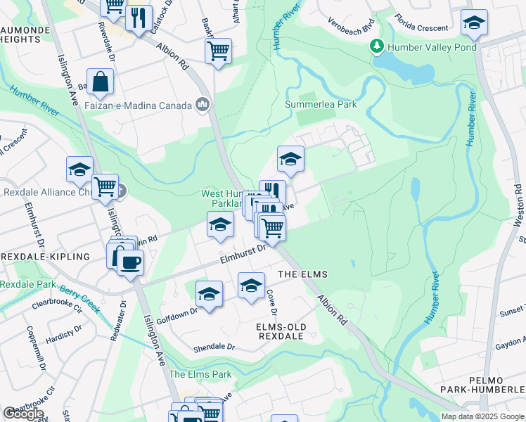 map of restaurants, bars, coffee shops, grocery stores, and more near 2 Byng Avenue in Toronto