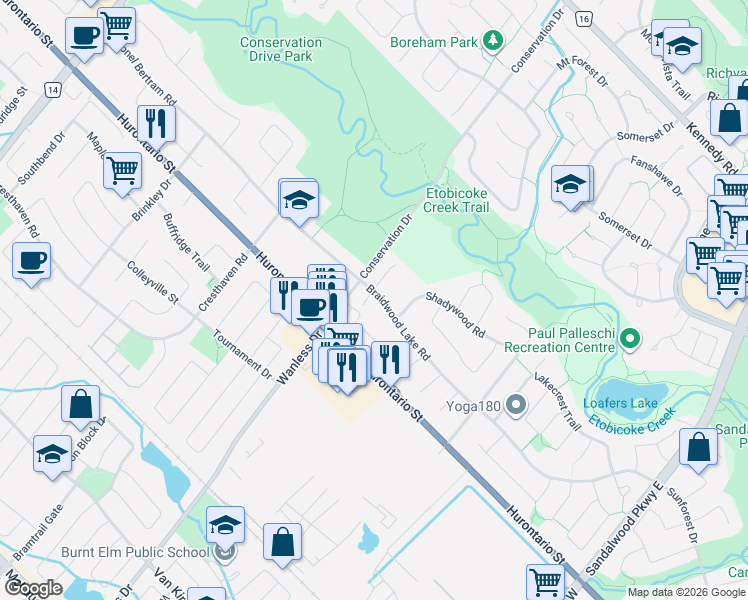 map of restaurants, bars, coffee shops, grocery stores, and more near 2 Burwash Court in Brampton