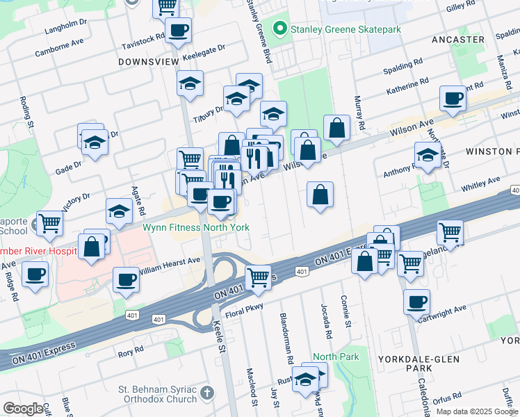 map of restaurants, bars, coffee shops, grocery stores, and more near 44 Ingleside Drive in Toronto