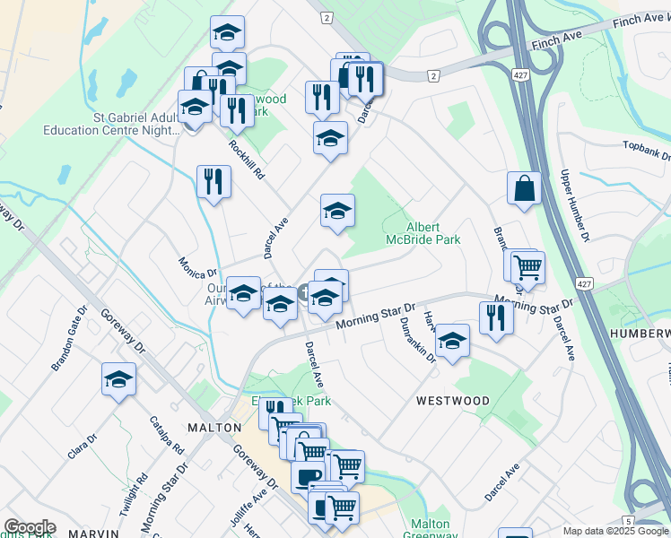 map of restaurants, bars, coffee shops, grocery stores, and more near 3703 Corliss Crescent in Mississauga
