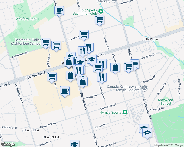 map of restaurants, bars, coffee shops, grocery stores, and more near 130 Manville Road in Toronto