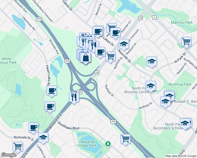 map of restaurants, bars, coffee shops, grocery stores, and more near 26 Newman Court in Brampton