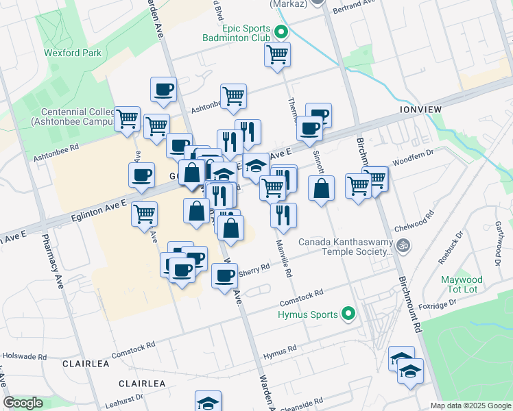 map of restaurants, bars, coffee shops, grocery stores, and more near 130 Manville Road in Toronto