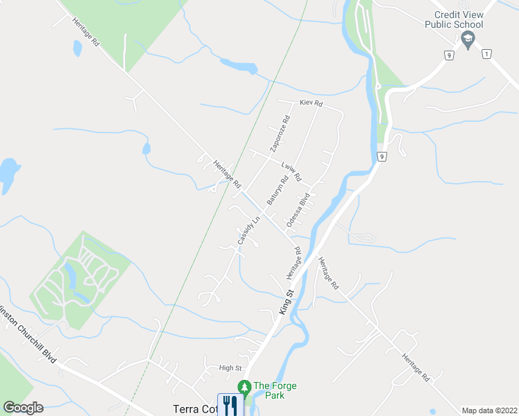 map of restaurants, bars, coffee shops, grocery stores, and more near 14198 Heritage Road in Caledon