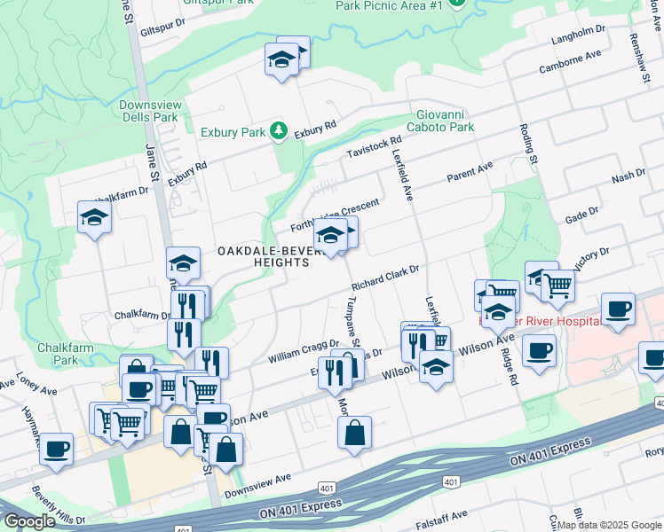 map of restaurants, bars, coffee shops, grocery stores, and more near 48 Tumpane Street in Toronto