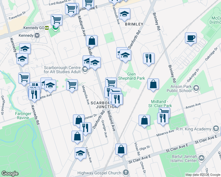 map of restaurants, bars, coffee shops, grocery stores, and more near in Toronto