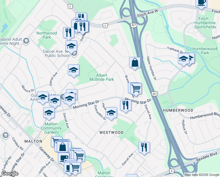 map of restaurants, bars, coffee shops, grocery stores, and more near 3796 Wyewood Road in Mississauga