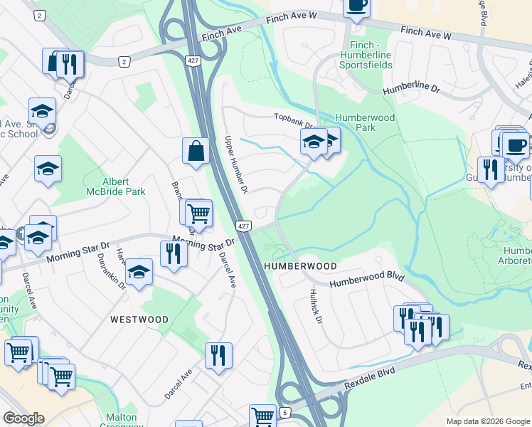 map of restaurants, bars, coffee shops, grocery stores, and more near Harpreet Circle in Toronto