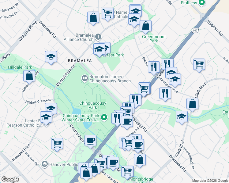 map of restaurants, bars, coffee shops, grocery stores, and more near 25 Glebe Crescent in Brampton