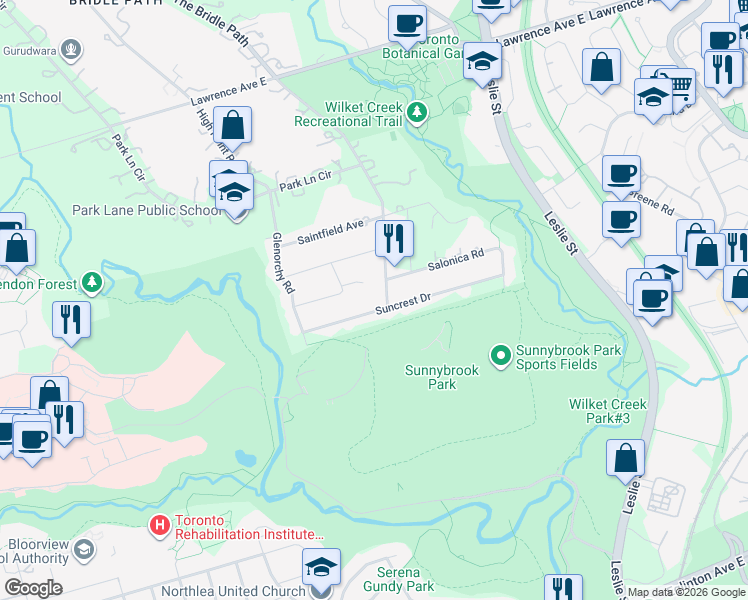 map of restaurants, bars, coffee shops, grocery stores, and more near in Toronto