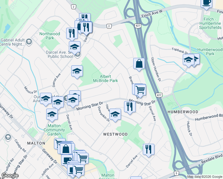 map of restaurants, bars, coffee shops, grocery stores, and more near 3800 Wyewood Road in Mississauga