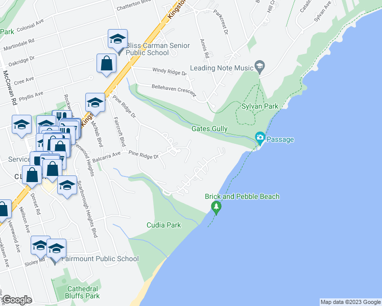 map of restaurants, bars, coffee shops, grocery stores, and more near 2 Ledge Road in Toronto