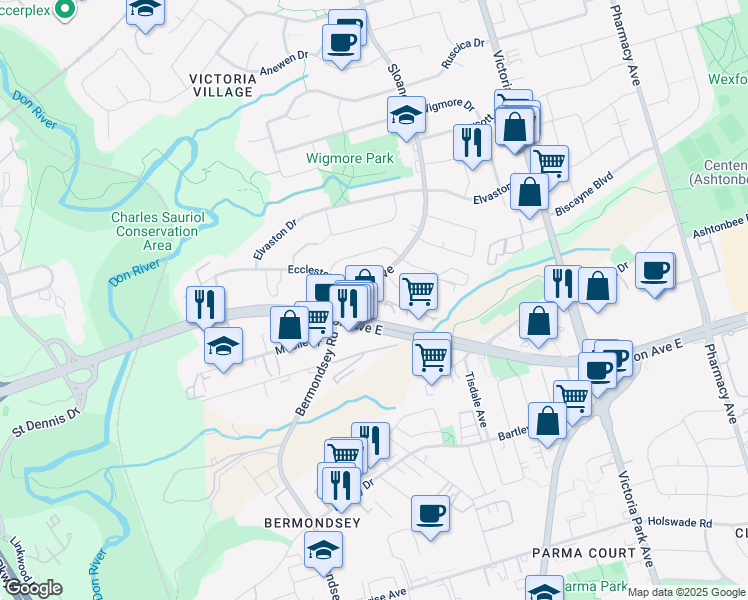 map of restaurants, bars, coffee shops, grocery stores, and more near in Toronto