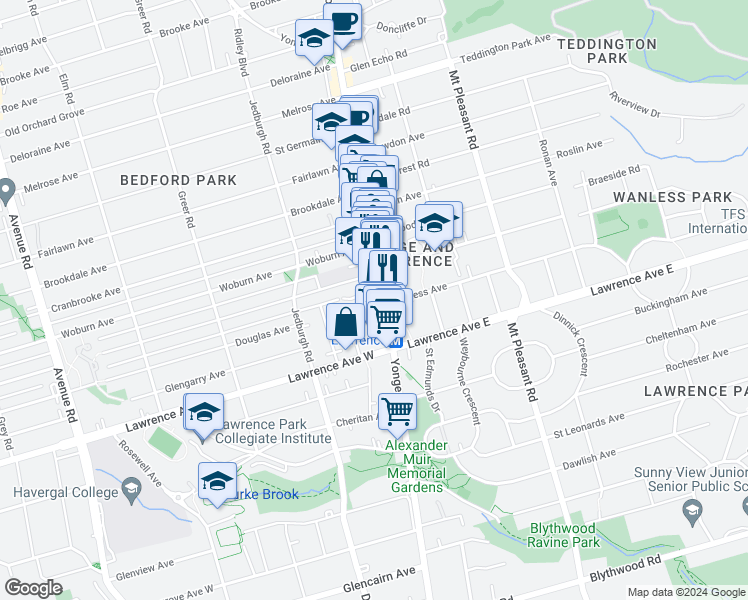 map of restaurants, bars, coffee shops, grocery stores, and more near in Toronto